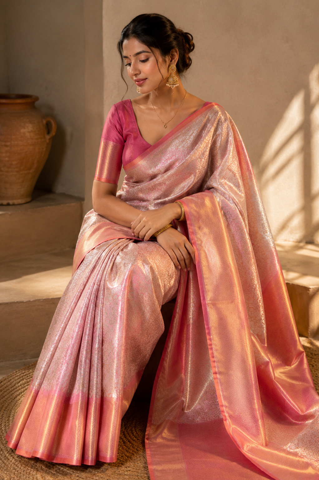 Peach Kanjivaram Silk Saree with Copper Zari Border