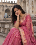 Rose Pink Tissue Silk Saree with Gold Lace Fringe