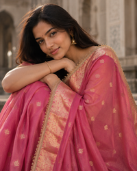 Rose Pink Tissue Silk Saree with Gold Lace Fringe