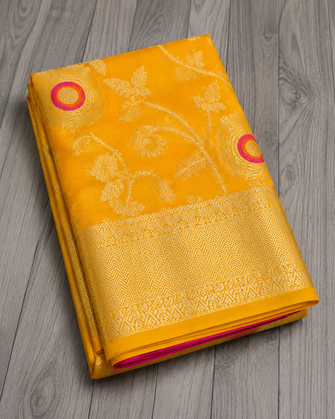 Mango Yellow Banarasi Georgette Saree with Meenakari Butis