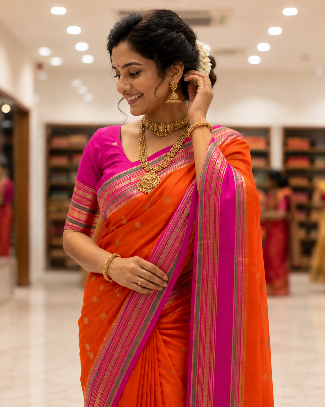 Orange Katan Silk Saree with Magenta Zari Border