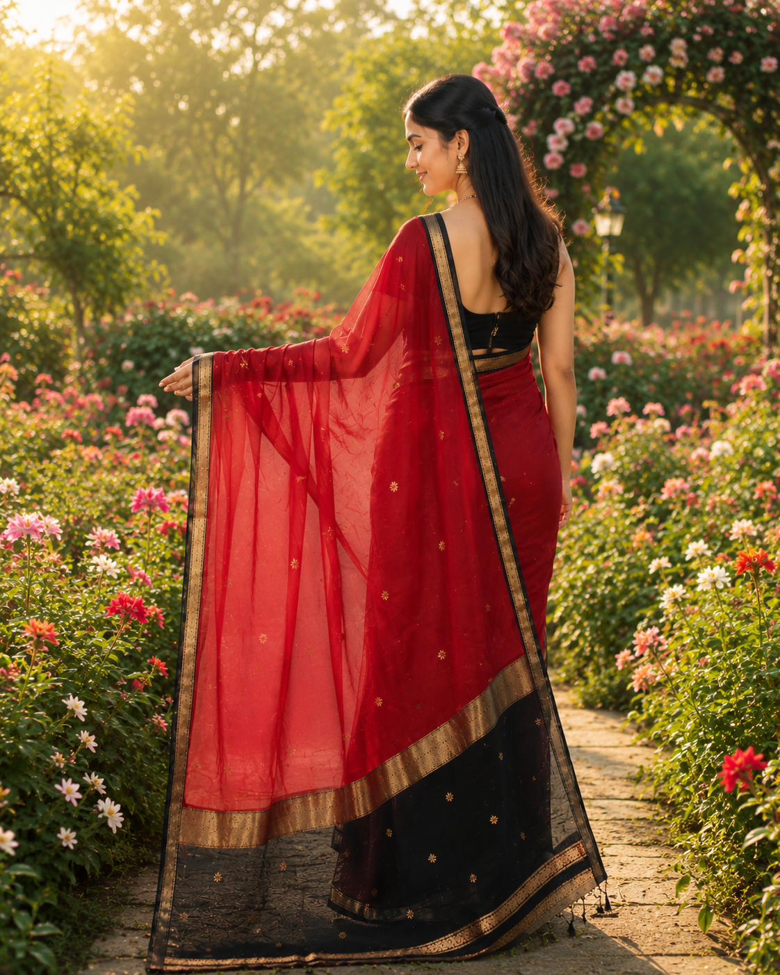 Crimson Red Cotton Saree with Black Gold Zari Border