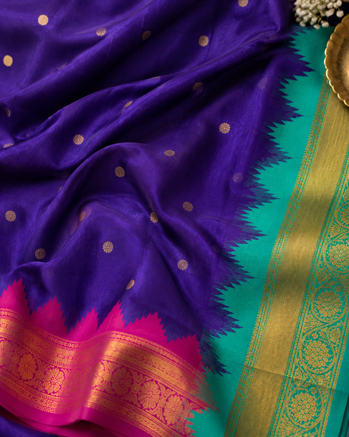 Royal Blue Katan Silk Saree with Gold Temple Border