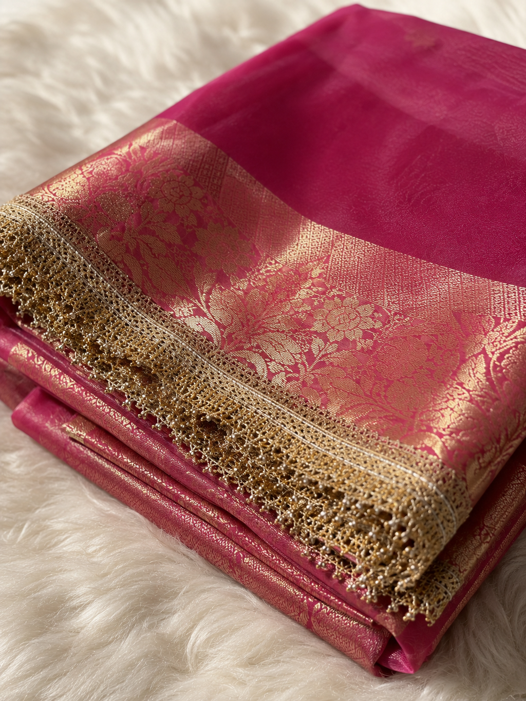 Rose Pink Tissue Silk Saree with Gold Lace Fringe