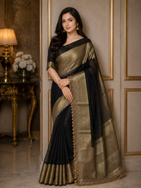 Black Tissue Silk Saree with Gold Lace Fringe Border