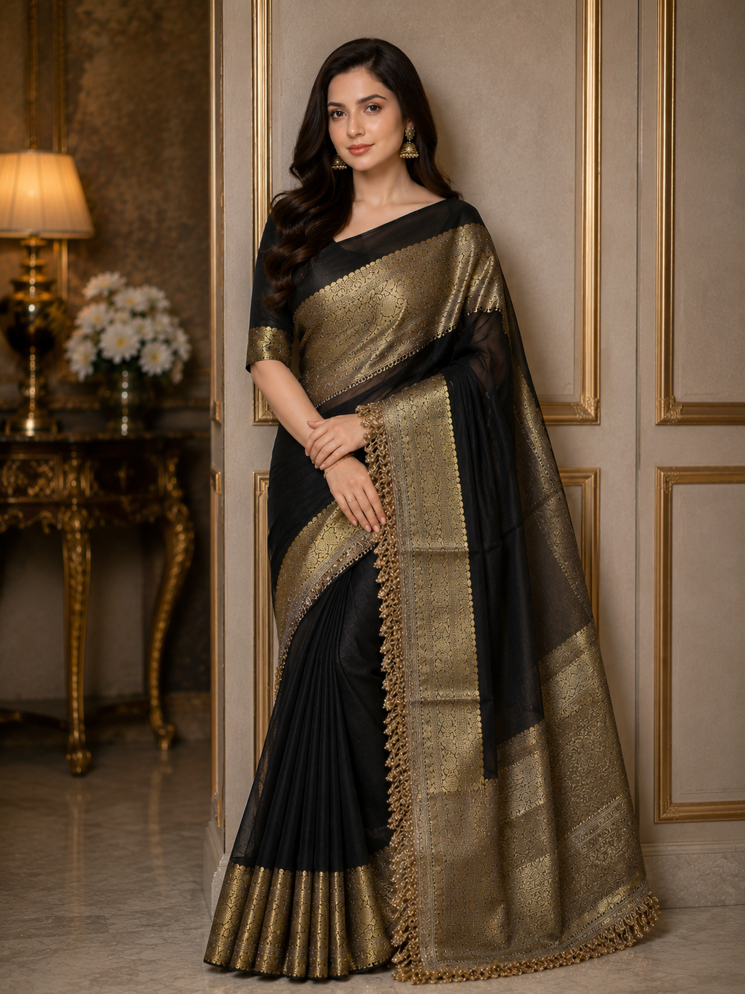 Black Tissue Silk Saree with Gold Lace Fringe Border