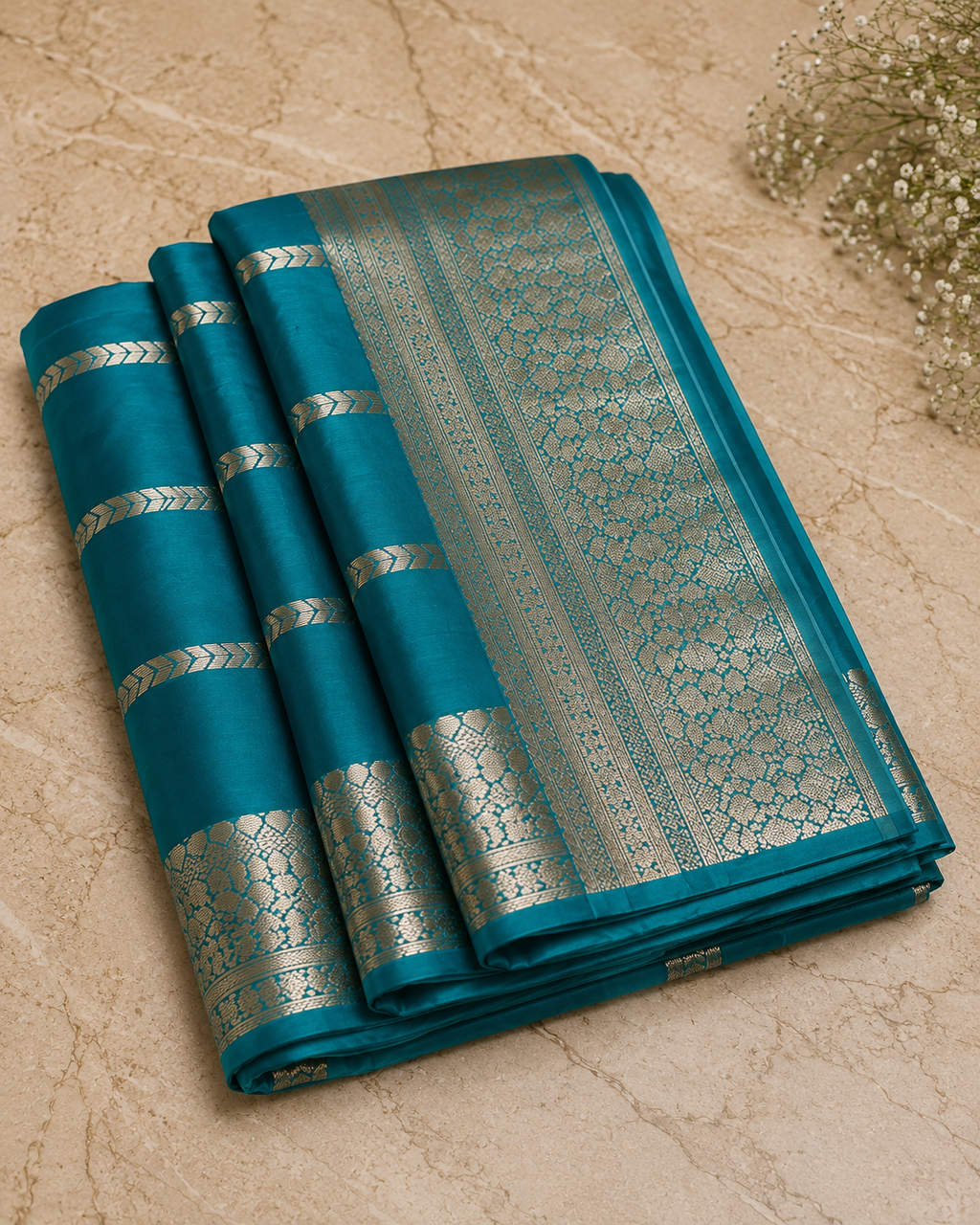 Teal Banarasi Georgette Saree with Silver Jaal Zari Border