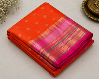 Orange Katan Silk Saree with Magenta Zari Border
