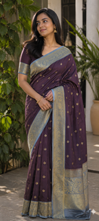Deep Plum Banarasi Katan Silk Saree with Blue Border