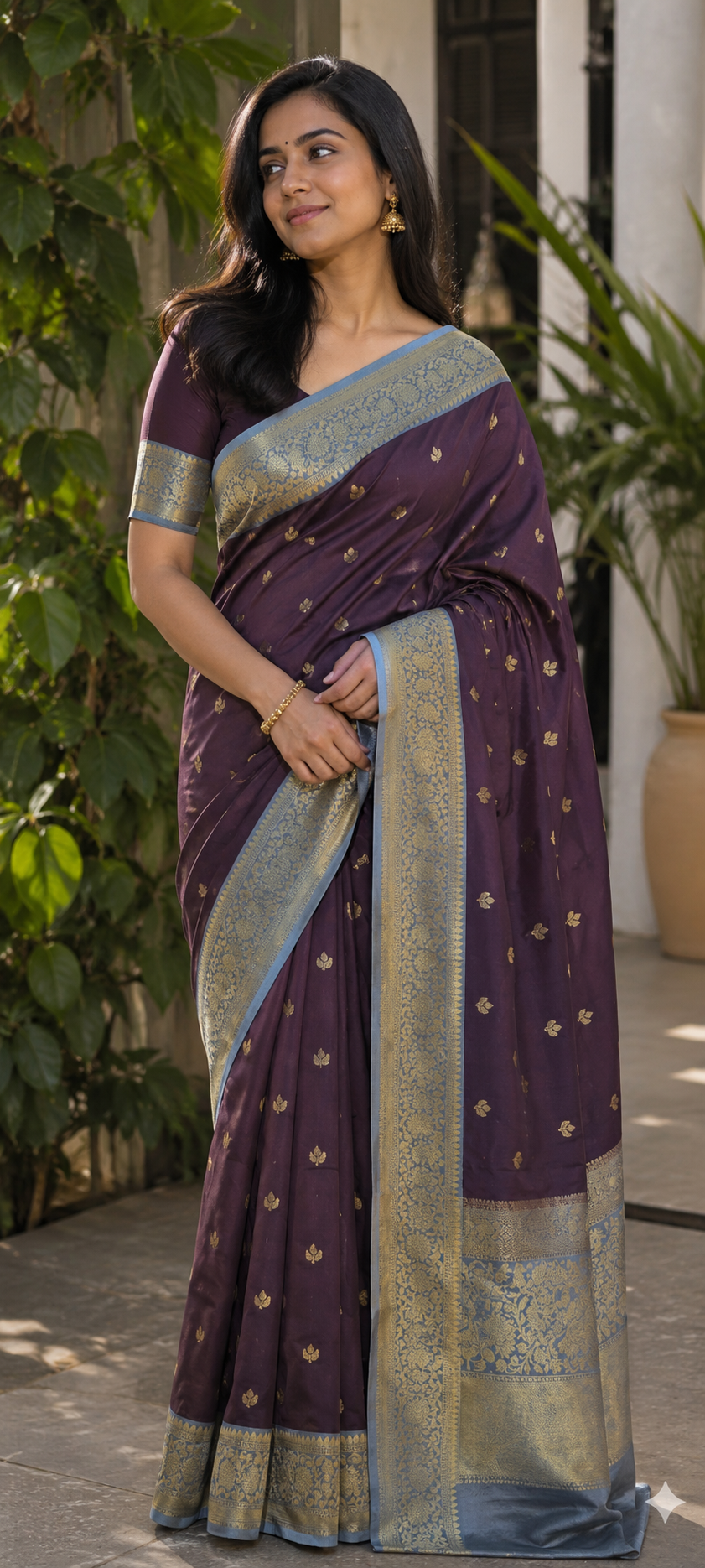 Deep Plum Banarasi Katan Silk Saree with Blue Border