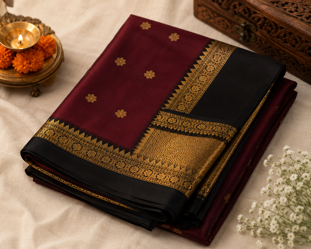 Deep Maroon Banarasi Katan Softy Saree with Gold Border