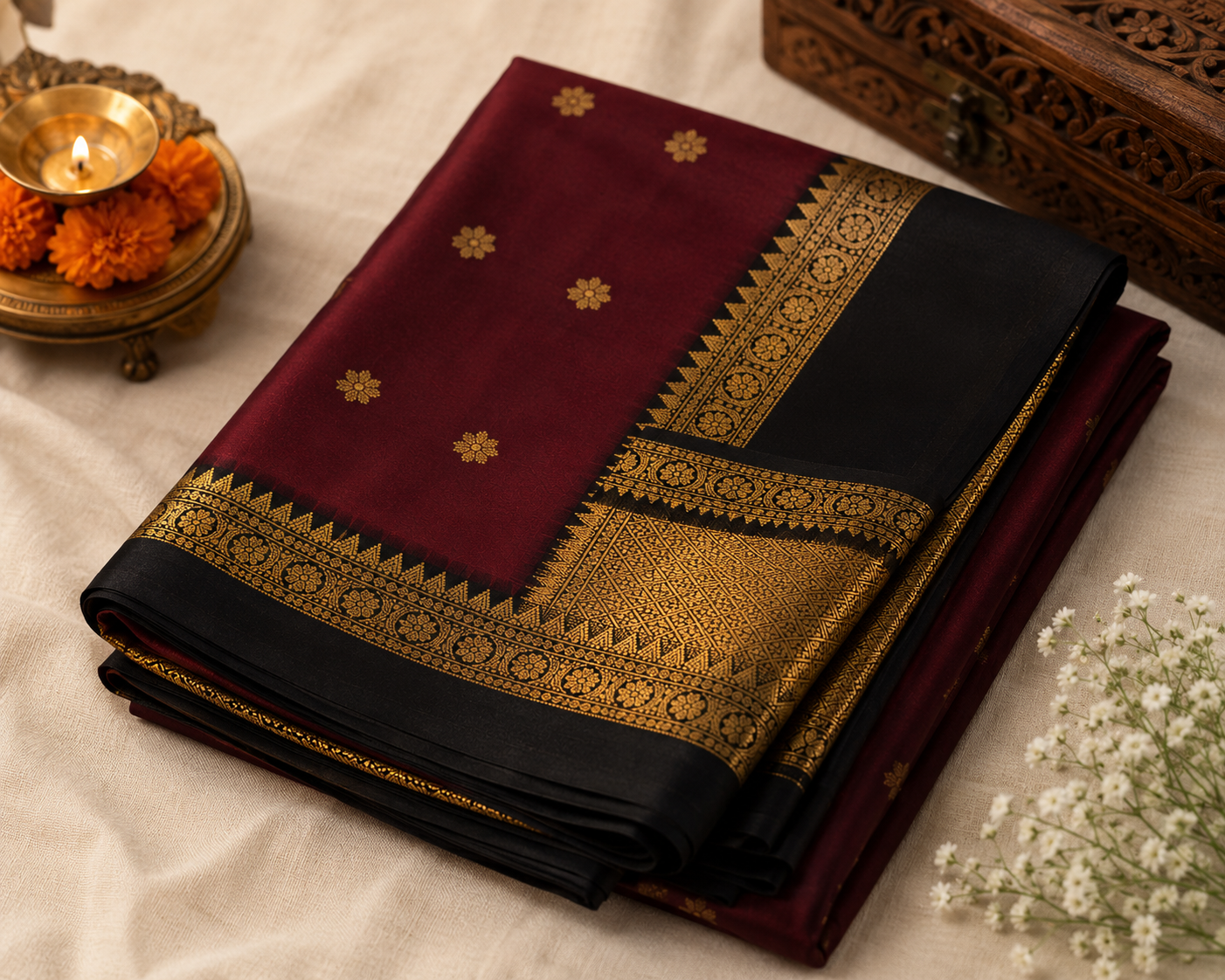 Deep Maroon Banarasi Katan Softy Saree with Gold Border
