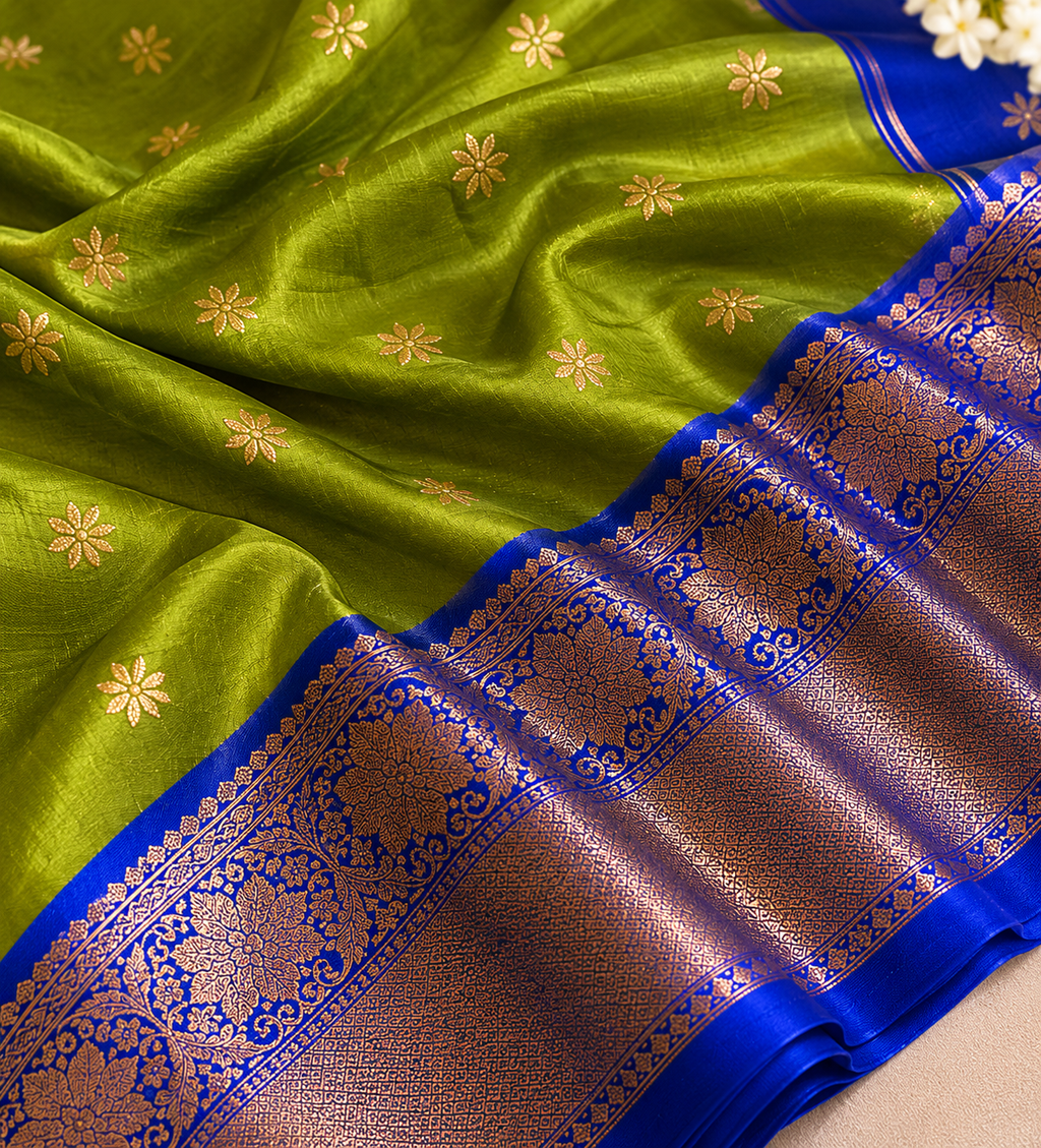 Olive Green Cotton Saree with Royal Blue Zari Border