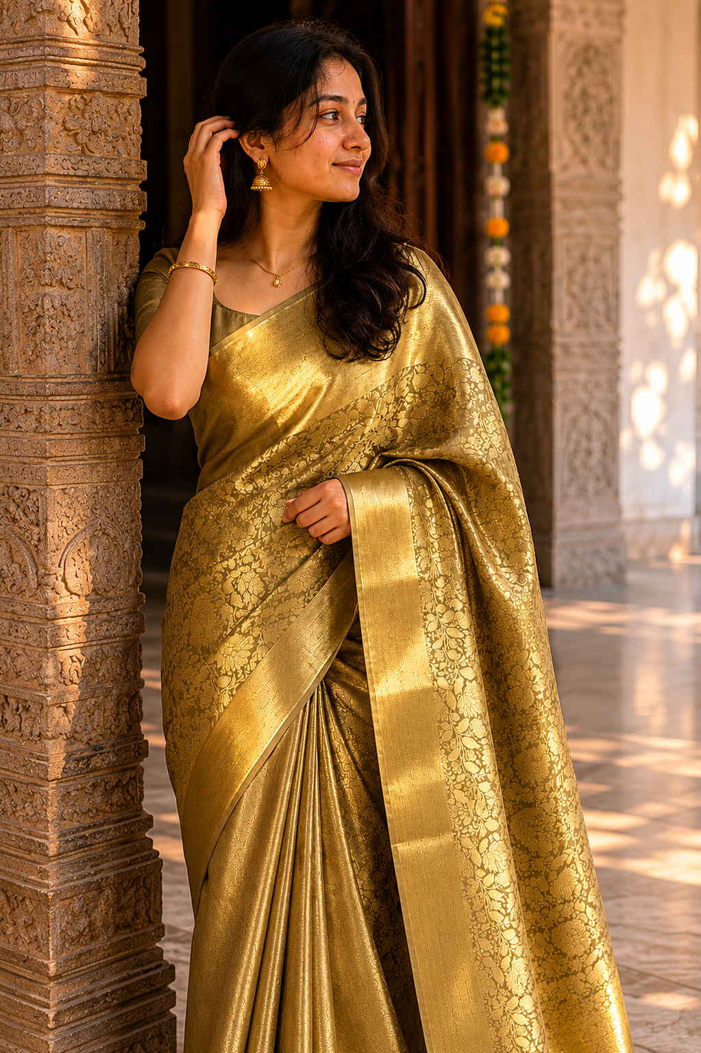 Olive Gold Saree with All-Over Zari Brocade