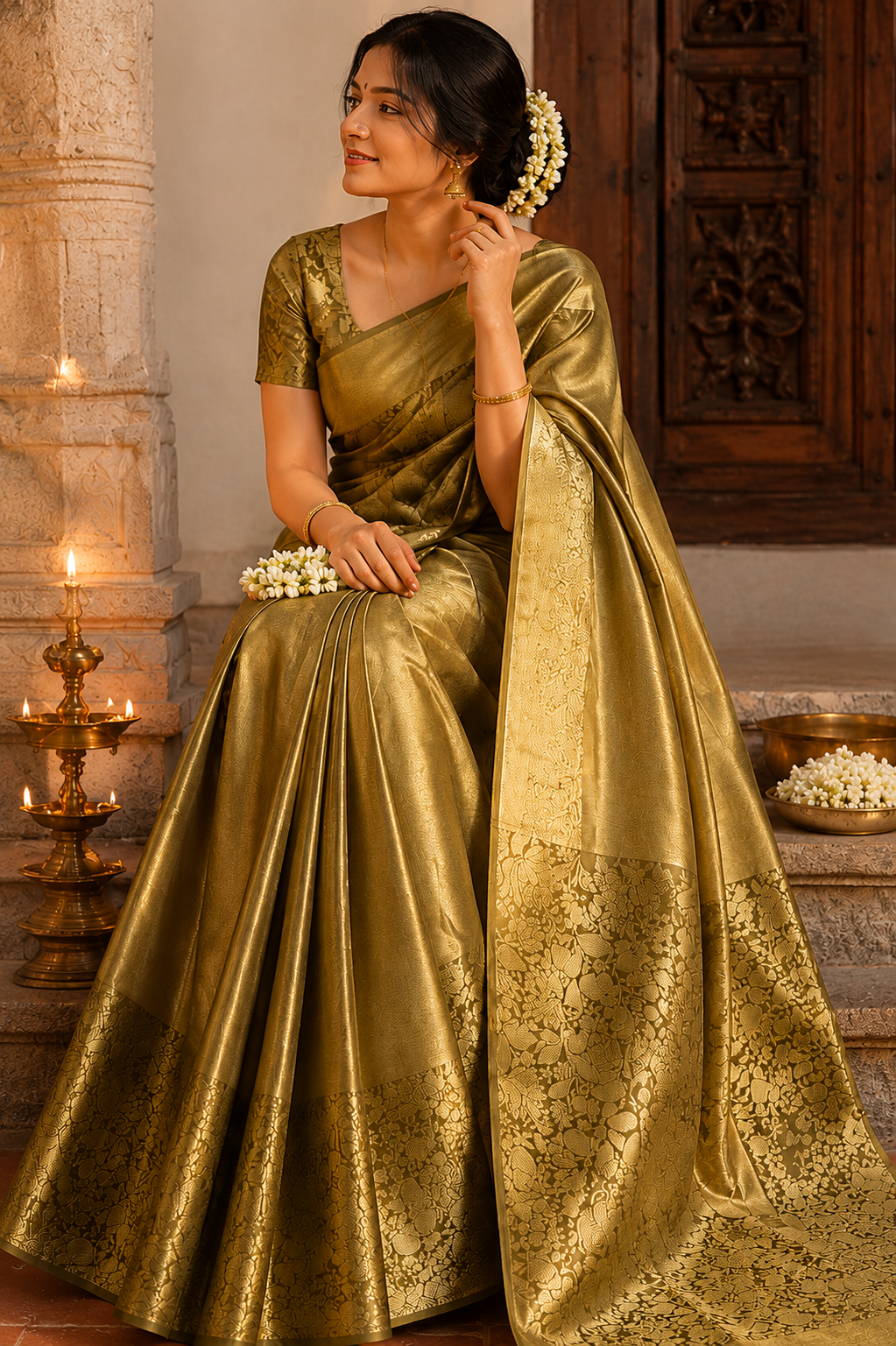 Olive Gold Saree with All-Over Zari Brocade