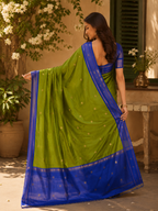 Olive Green Cotton Saree with Royal Blue Zari Border
