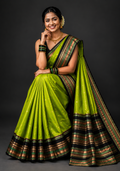 Lime Green Katan Silk Saree with Black Gold Zari Border