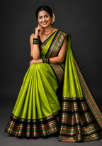 Lime Green Katan Silk Saree with Black Gold Zari Border
