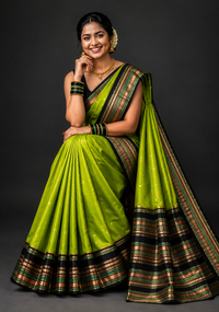 Lime Green Katan Silk Saree with Black Gold Zari Border