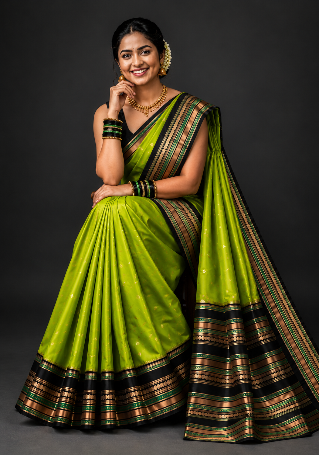 Lime Green Katan Silk Saree with Black Gold Zari Border