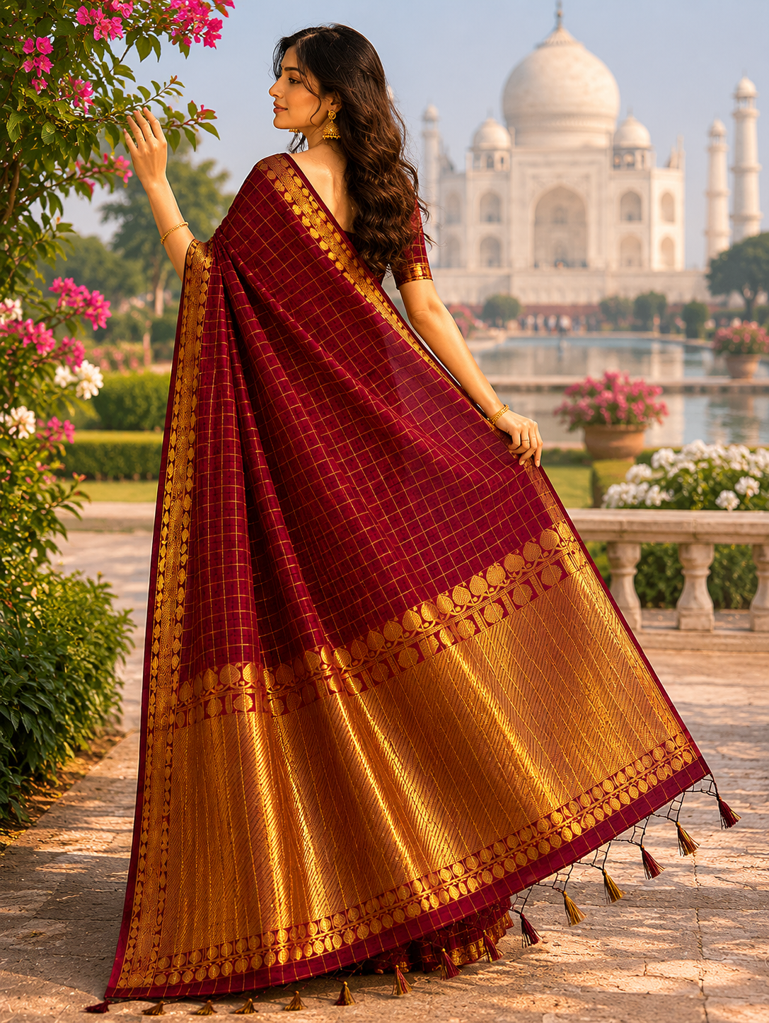 Maroon Cotton Check Saree with Gold Zari Border
