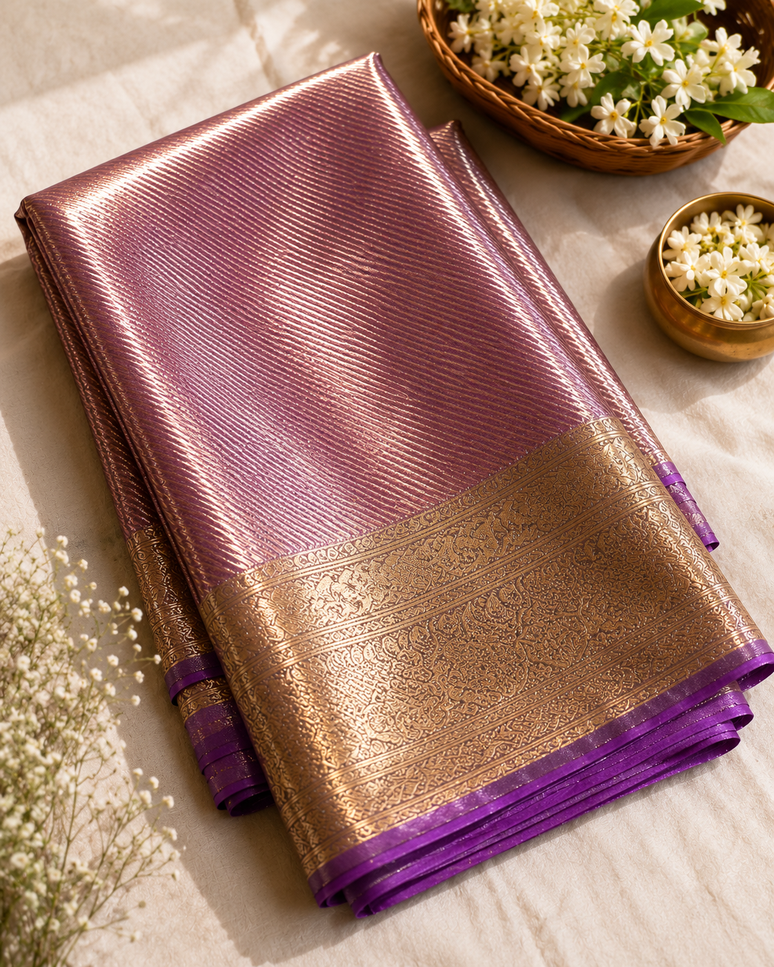 Rose Gold Lavender Tissue Silk Saree with Tassel Fringe
