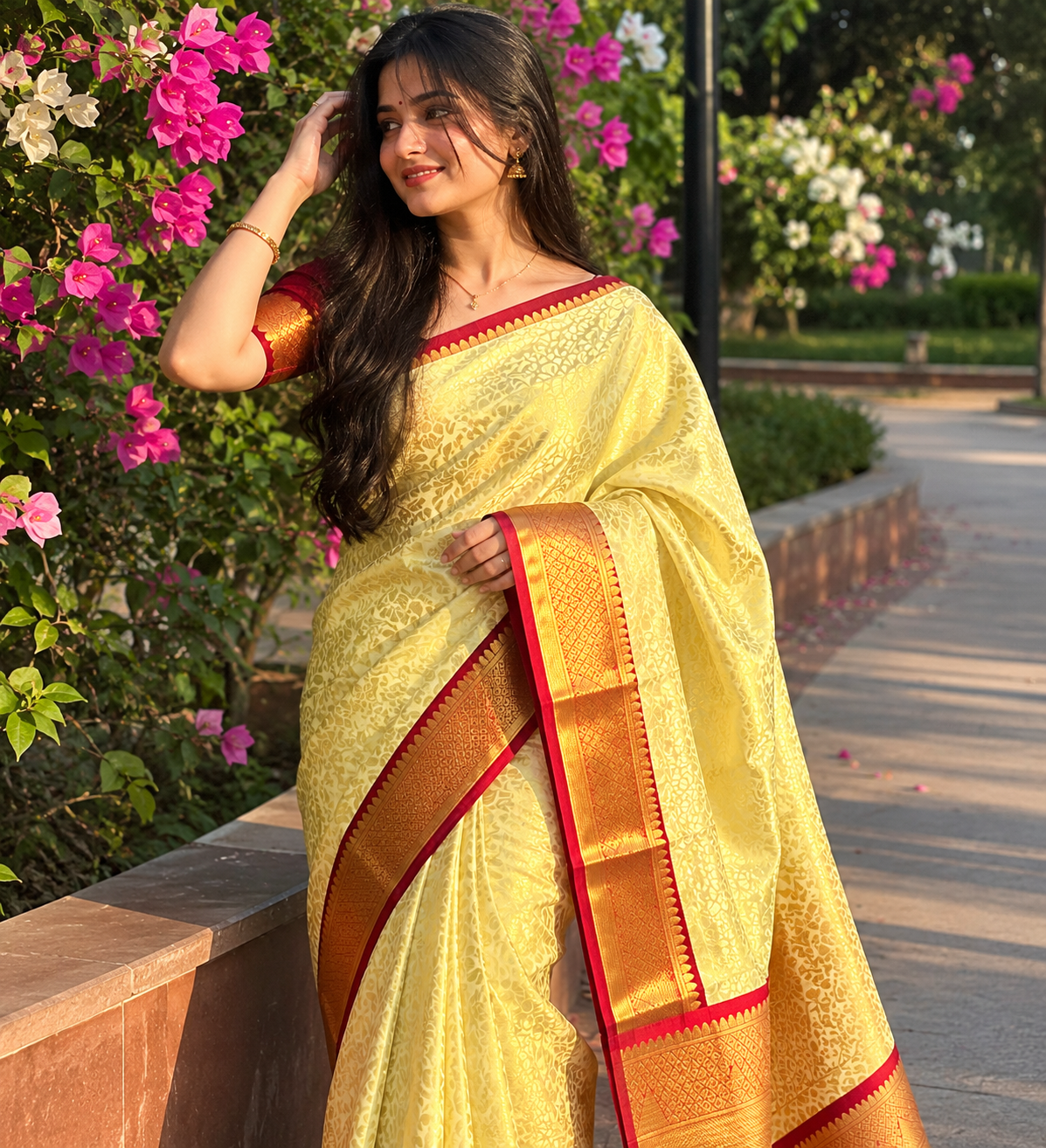 Lime Yellow Banarasi Georgette Saree with Red Gold Border