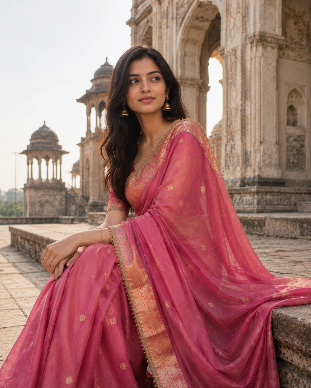 Rose Pink Tissue Silk Saree with Gold Lace Fringe