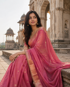 Rose Pink Tissue Silk Saree with Gold Lace Fringe