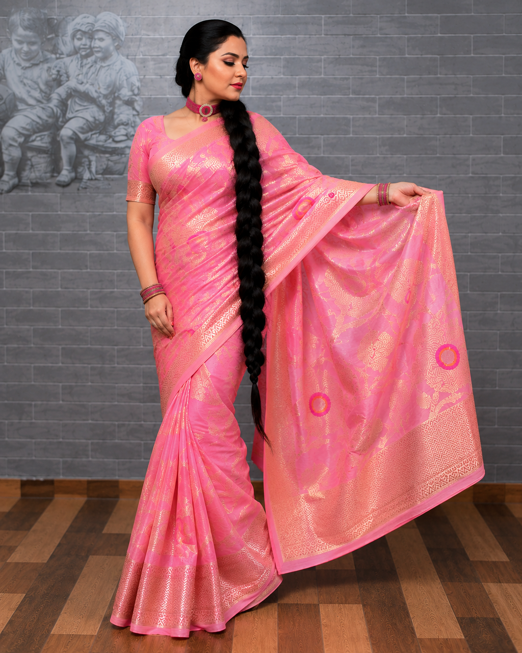 Pink Banarasi Georgette Saree with Meenakari Butis