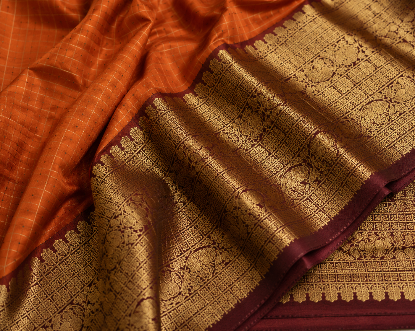 Rust Orange Katan Check Silk Saree with Gold Border