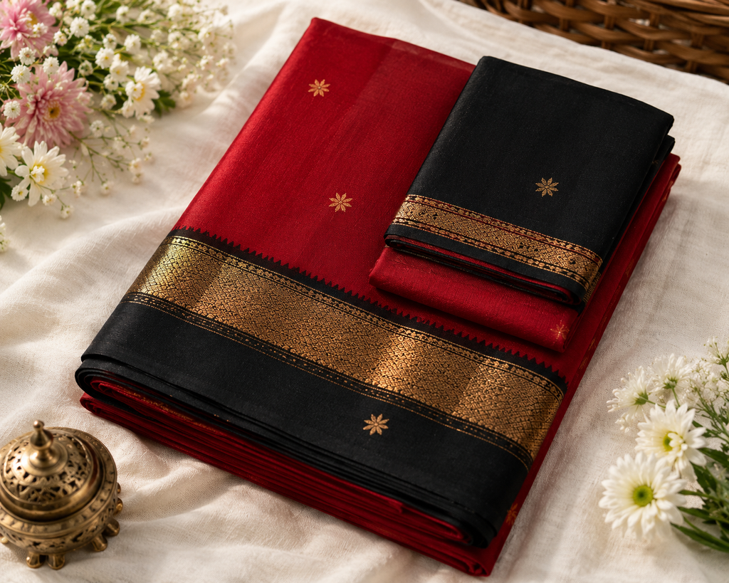 Crimson Red Cotton Saree with Black Gold Zari Border