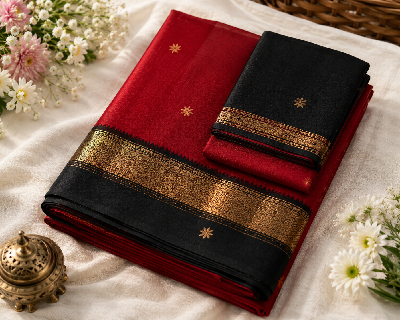Crimson Red Cotton Saree with Black Gold Zari Border