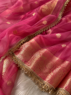 Rose Pink Tissue Silk Saree with Gold Lace Fringe