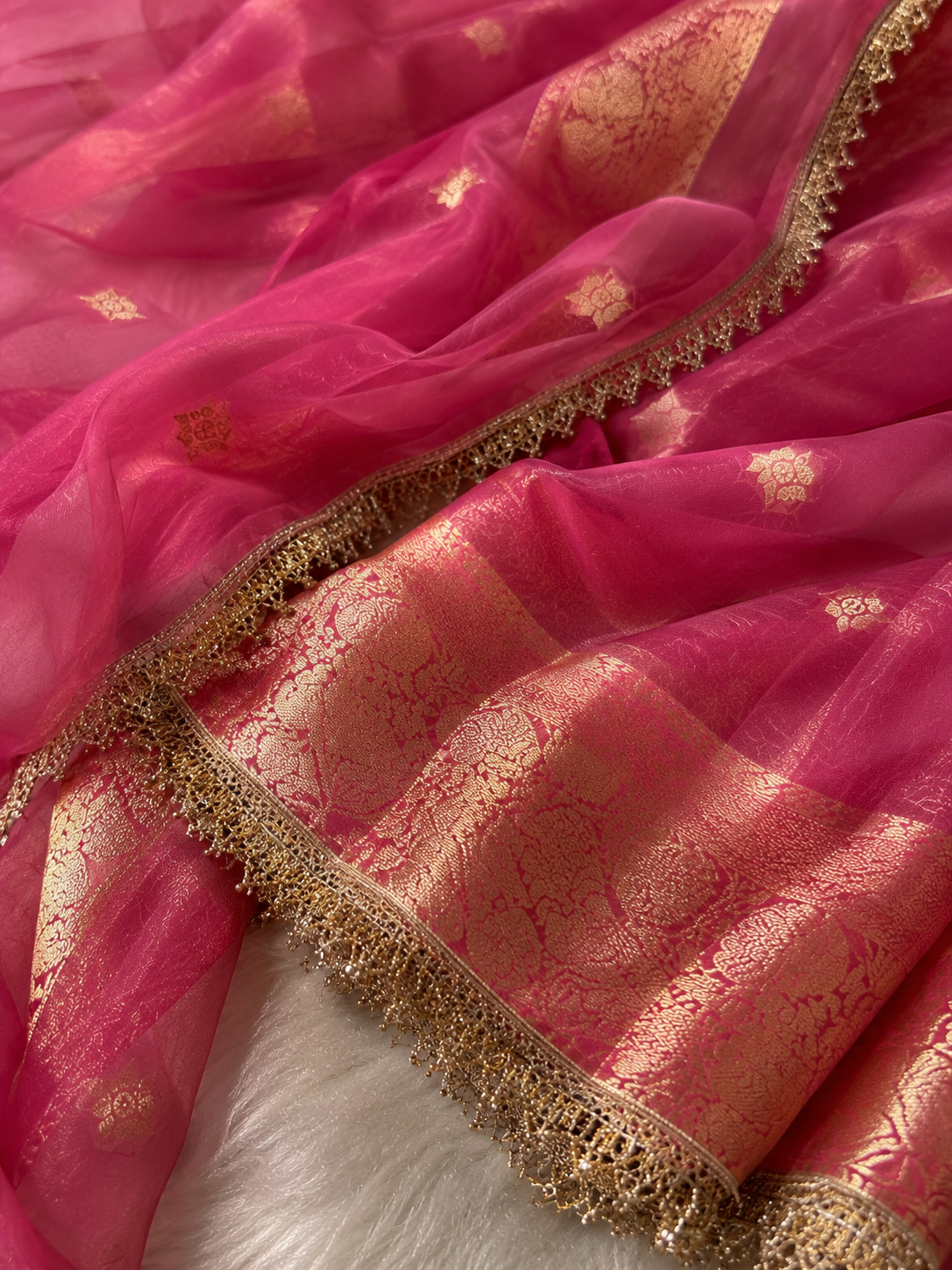 Rose Pink Tissue Silk Saree with Gold Lace Fringe