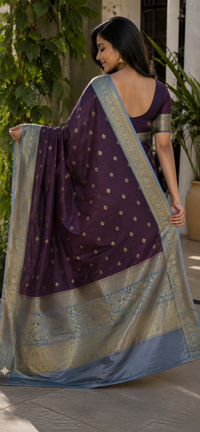 Deep Plum Banarasi Katan Silk Saree with Blue Border