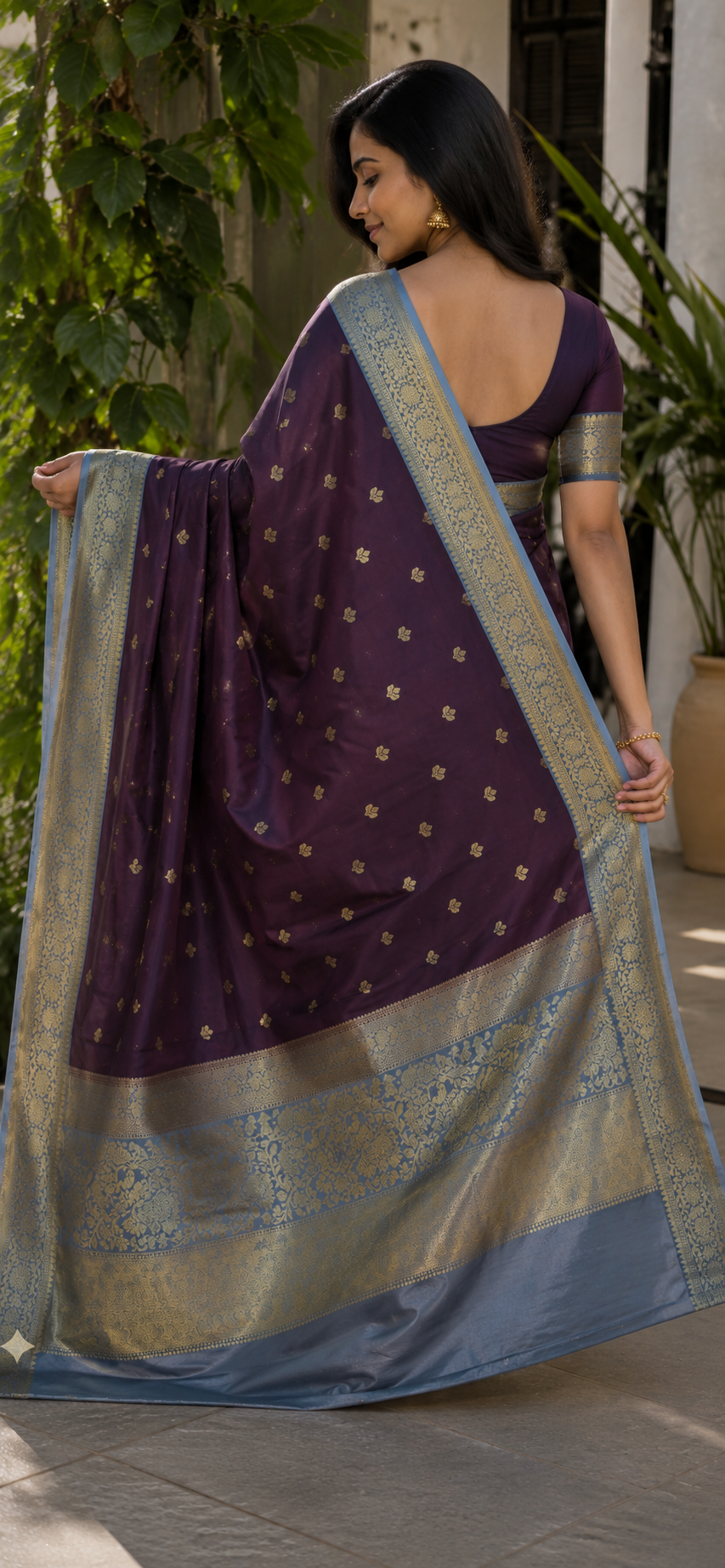 Deep Plum Banarasi Katan Silk Saree with Blue Border