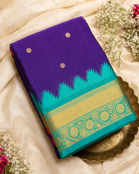 Royal Blue Katan Silk Saree with Gold Temple Border