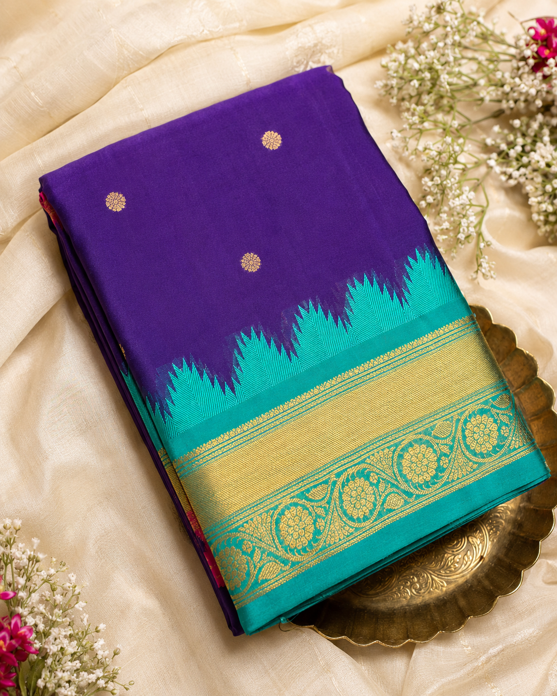 Royal Blue Katan Silk Saree with Gold Temple Border