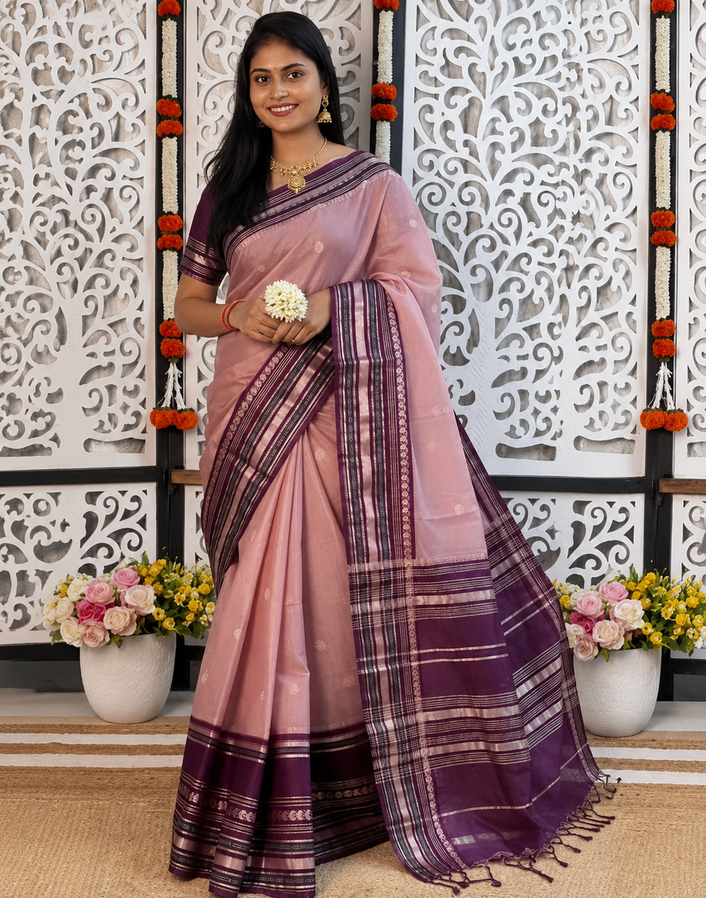 Blush Pink Katan Silk Saree with Purple Zari Border