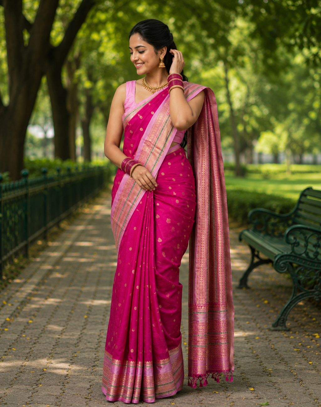 Magenta Katan Silk Saree with Rose Gold Zari Border