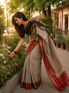 Ivory Tissue Silk Saree with Navy Blue & Red Zari Border