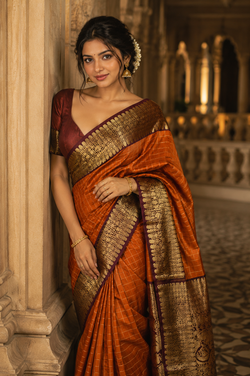 Rust Orange Katan Check Silk Saree with Gold Border