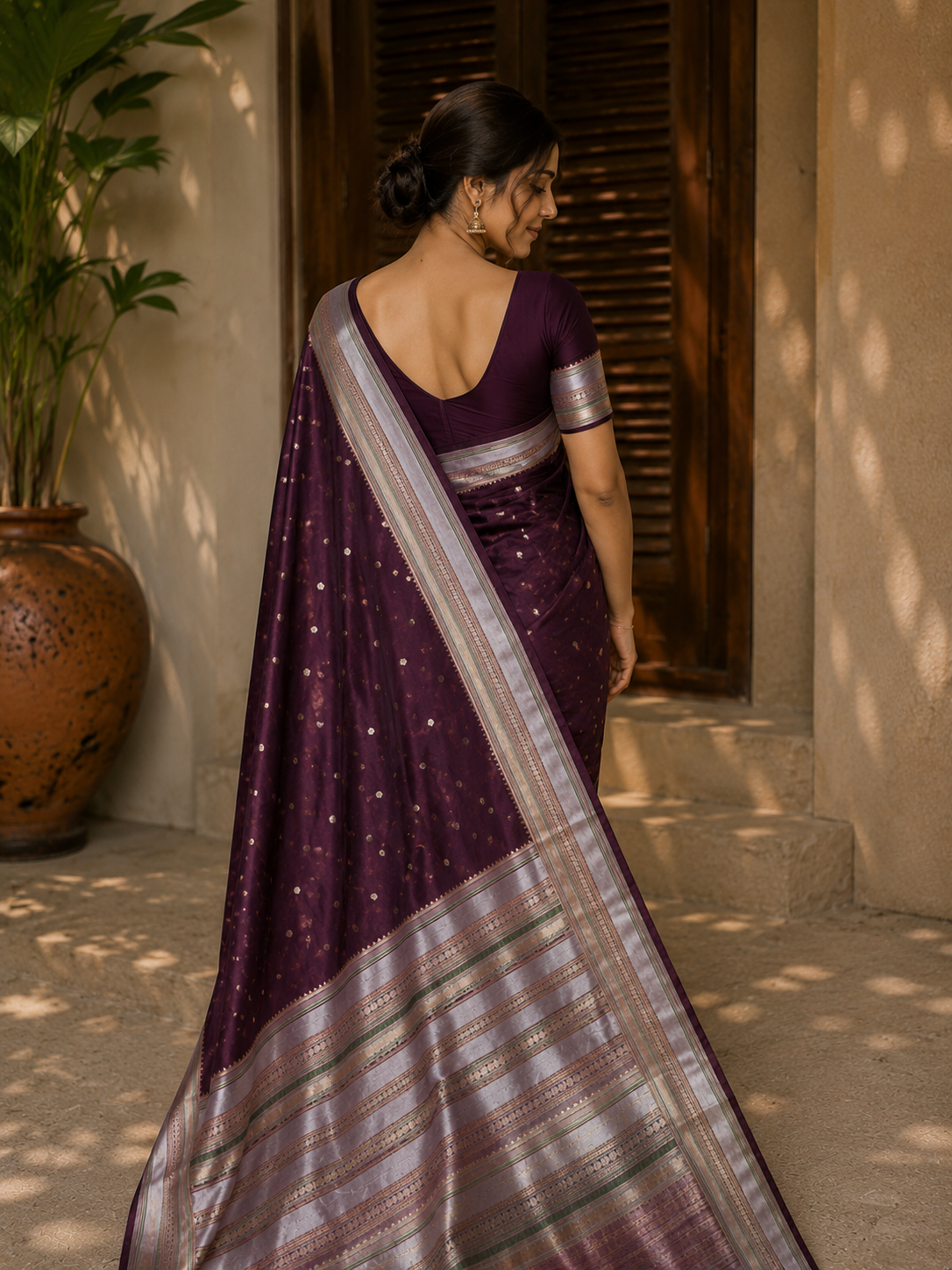 Deep Wine Katan Silk Saree with Golden Pallu