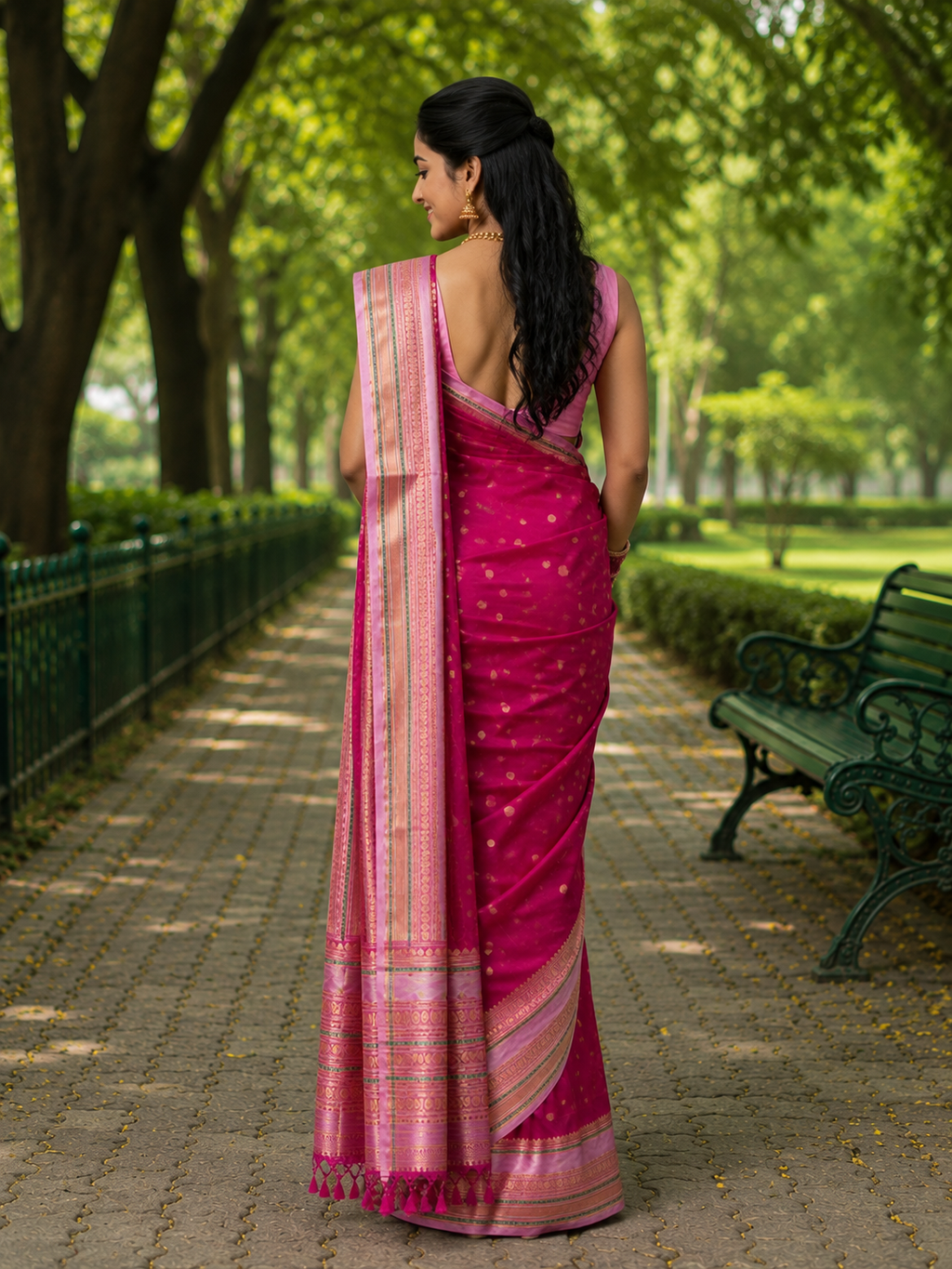 Magenta Katan Silk Saree with Rose Gold Zari Border
