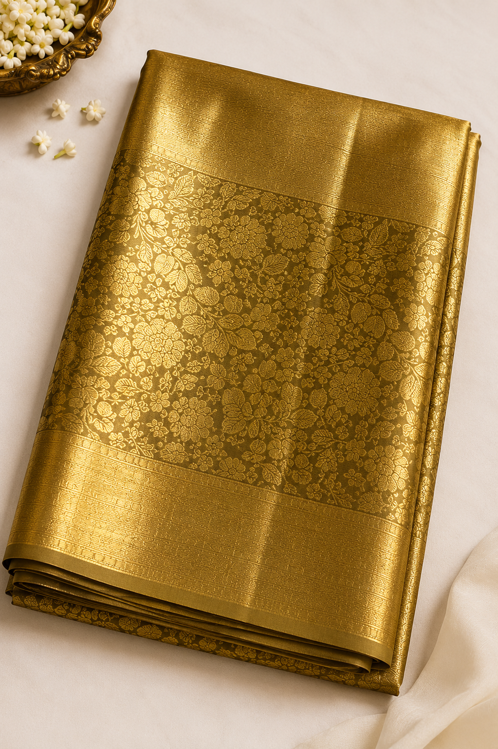 Olive Gold Saree with All-Over Zari Brocade