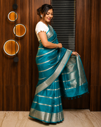 Teal Banarasi Georgette Saree with Silver Jaal Zari Border