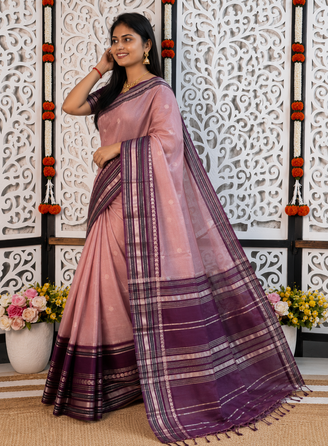Blush Pink Katan Silk Saree with Purple Zari Border