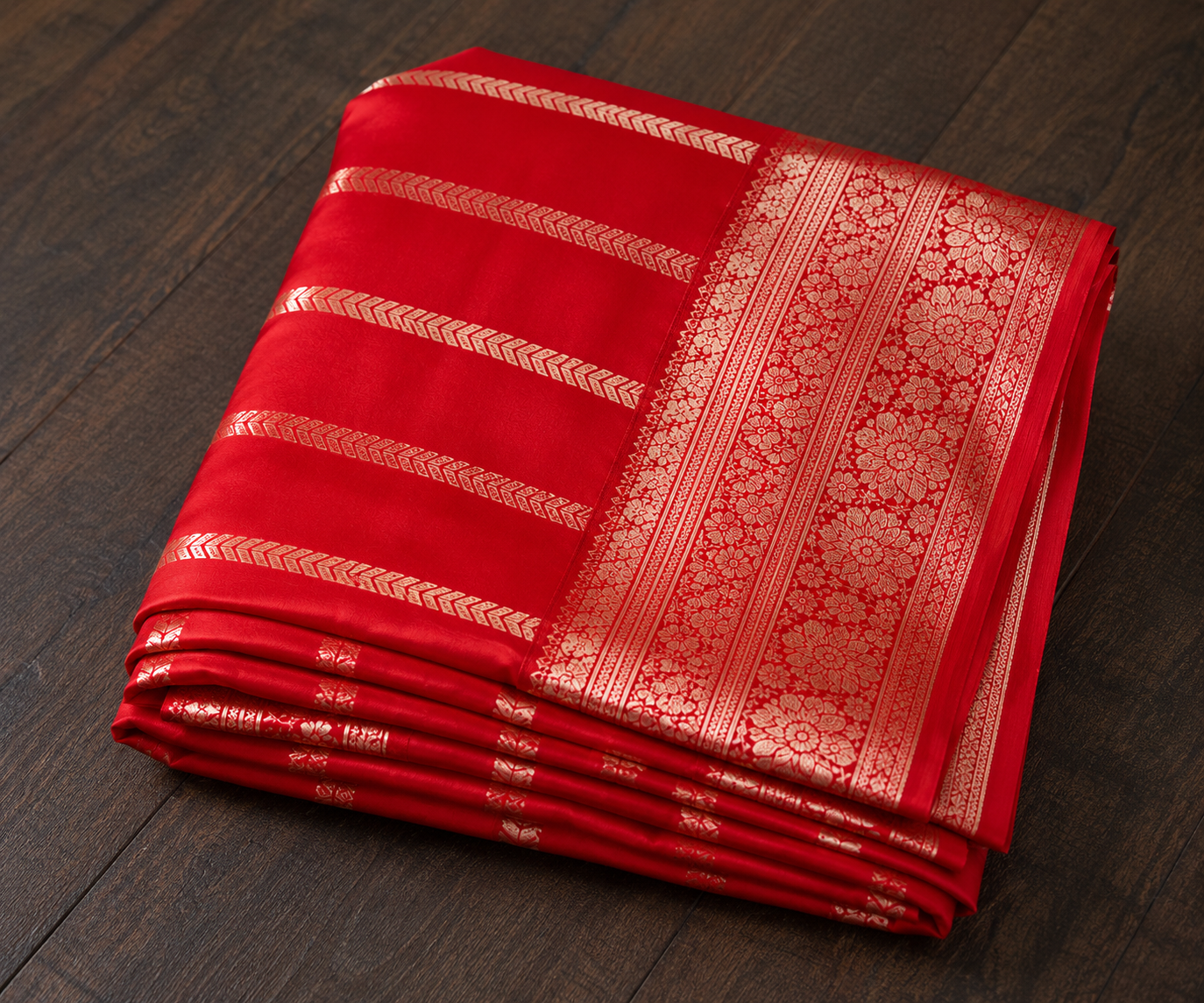 Red Banarasi Georgette Saree with Gold Floral Jaal Border