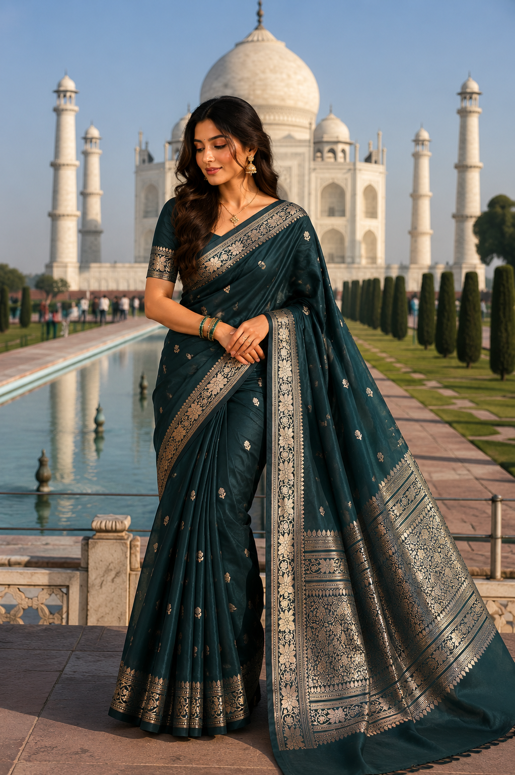 Teal Katan Silk Softy Saree with Gold Zari Border